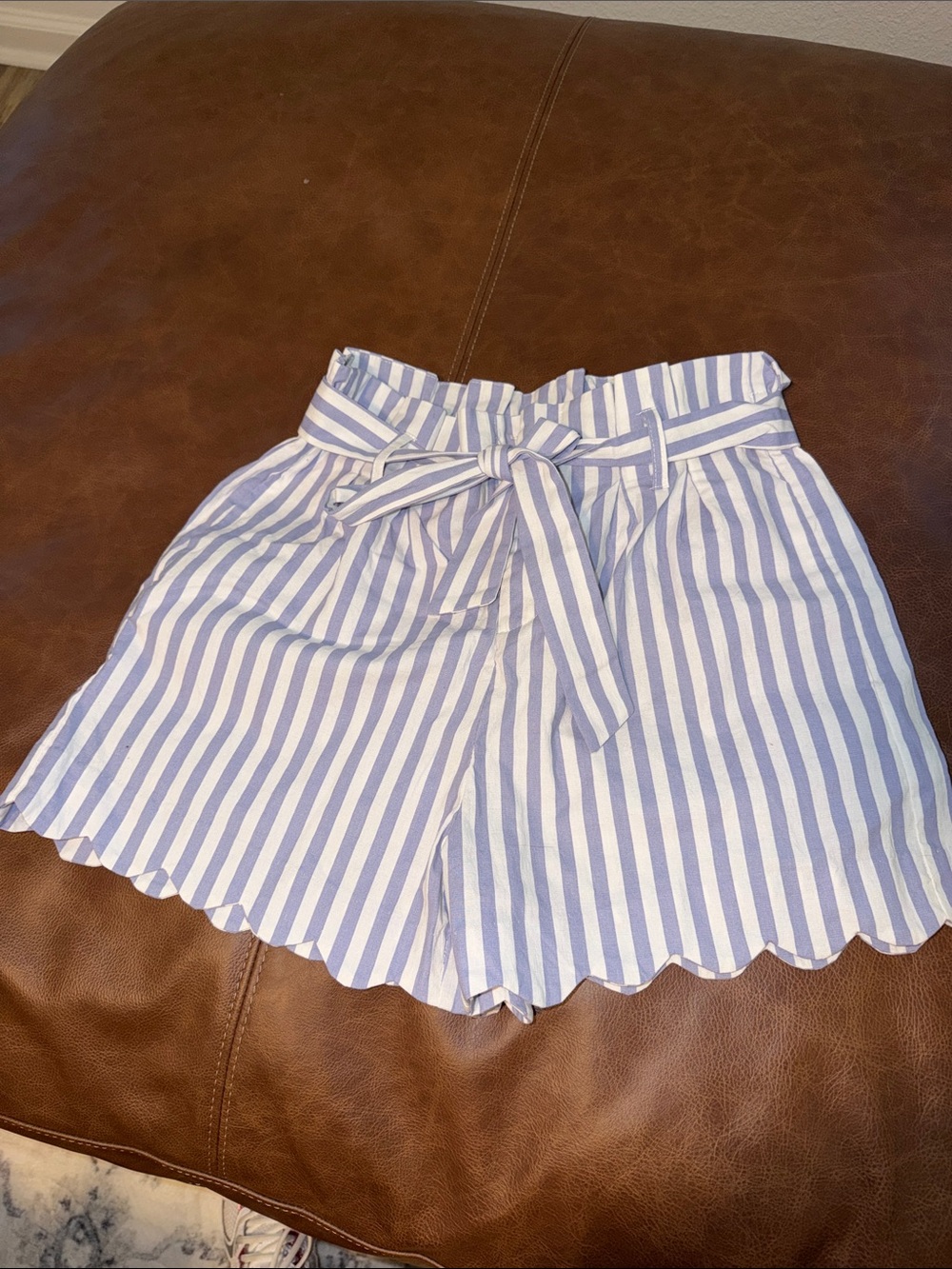 Aaron & Amber Blue and White Striped Paperbag Waist Shorts with Tie
